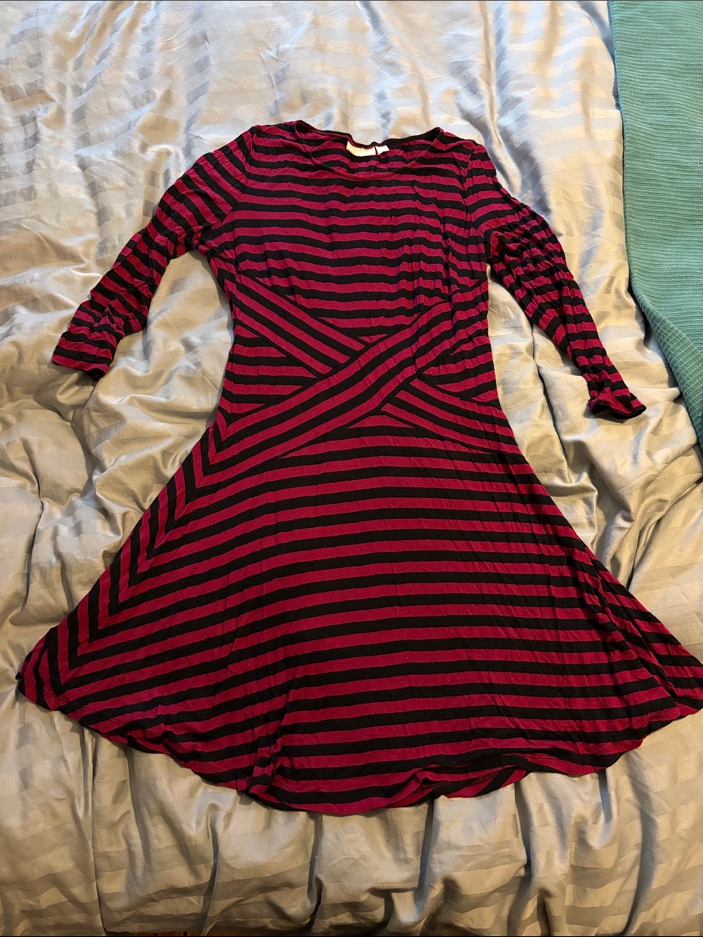 New York and Company NY&Co magenta and black striped 3/4 sleeve flared dress